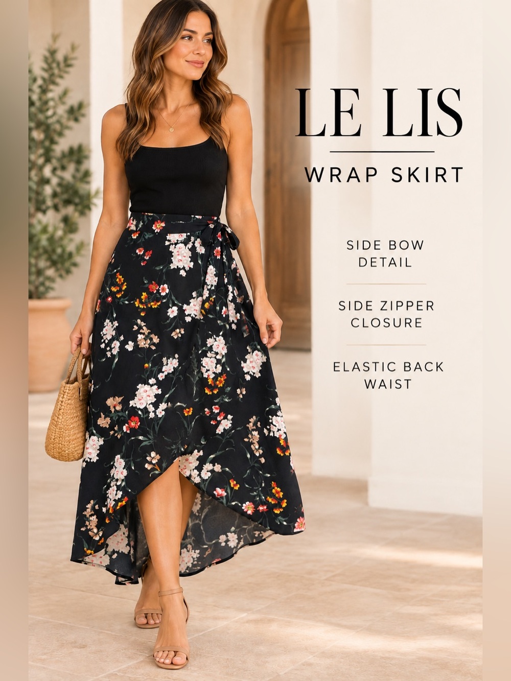 Le Lis Black Floral Asymmetrical Faux Wrap Skirt XS With Bow